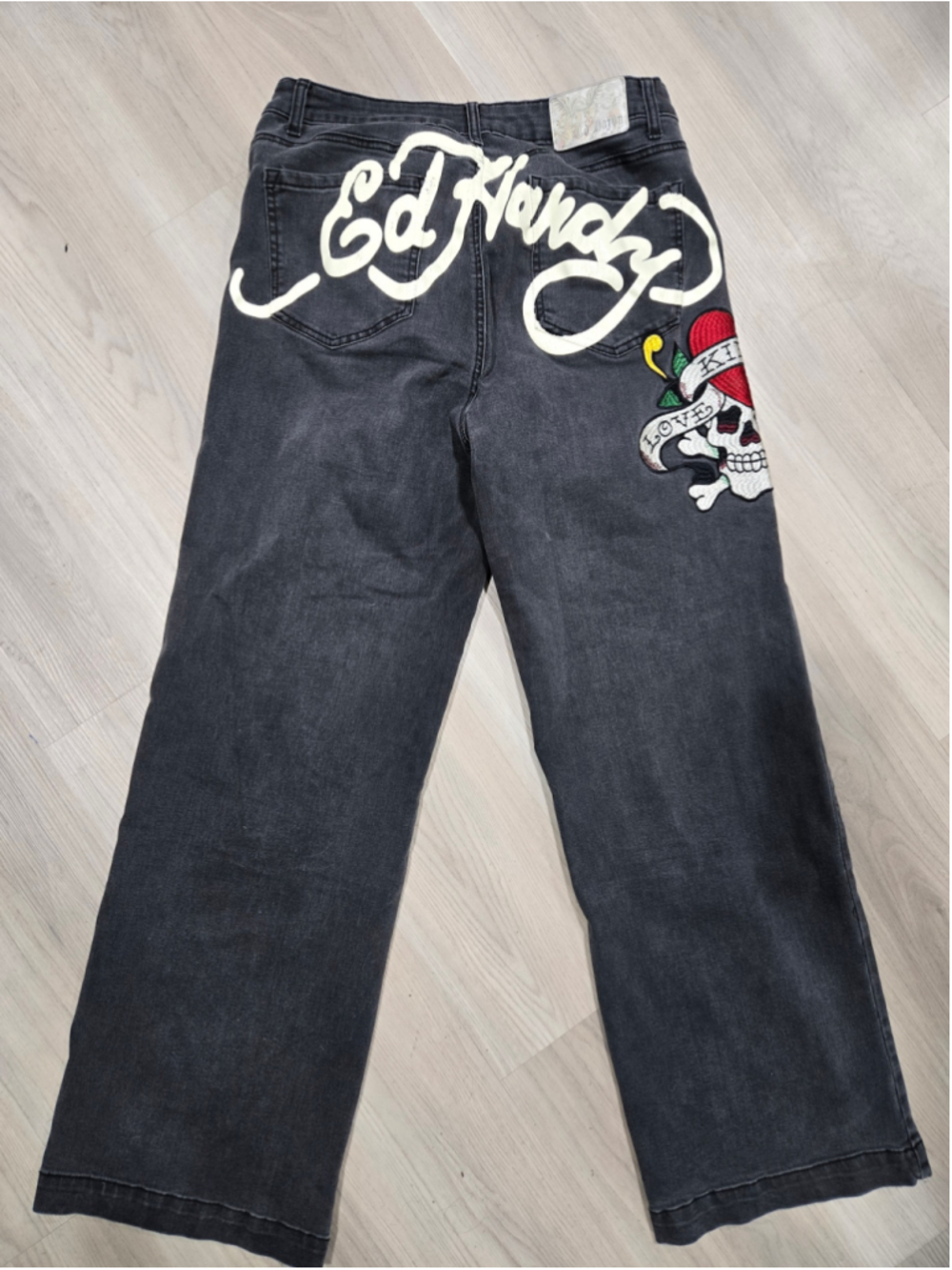 Women's Ed Hardy Wide Leg Jeans, Size 32, Black with Graphic Print